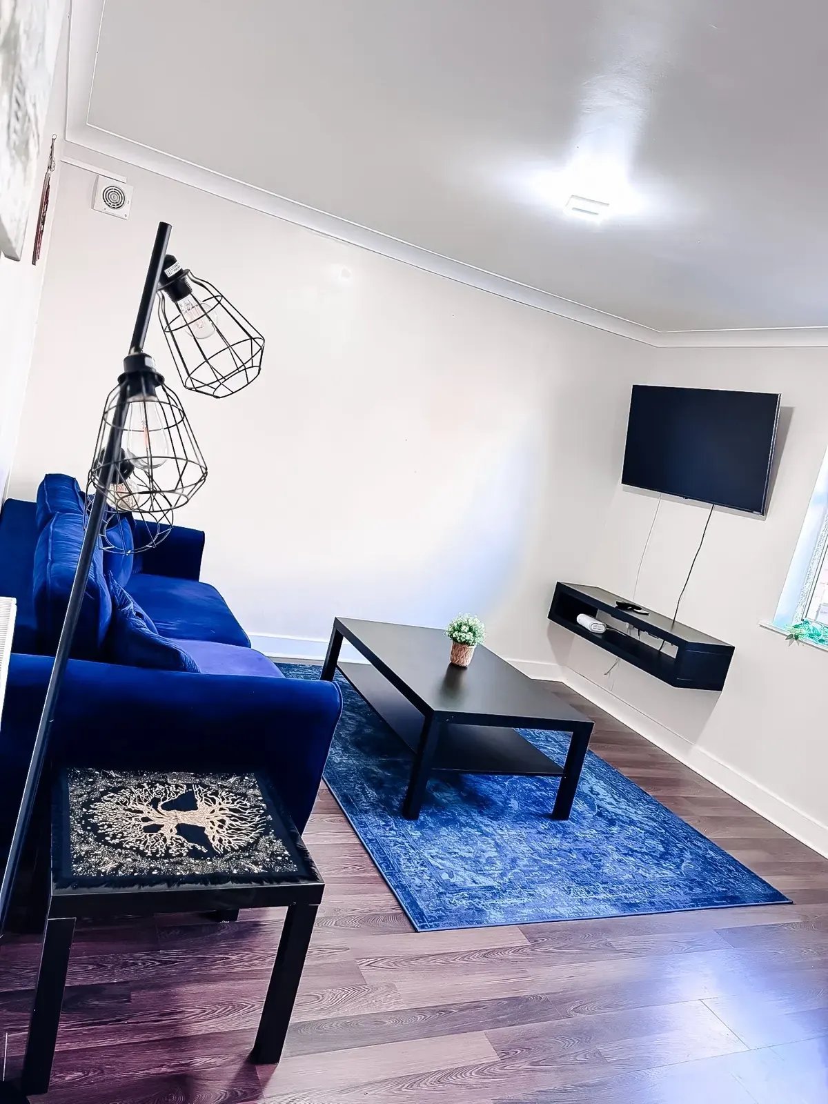 Living room with a blue velvet sofa, rug and wall-mounted TV